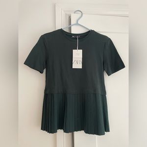 Zara forest green pleated peplum top